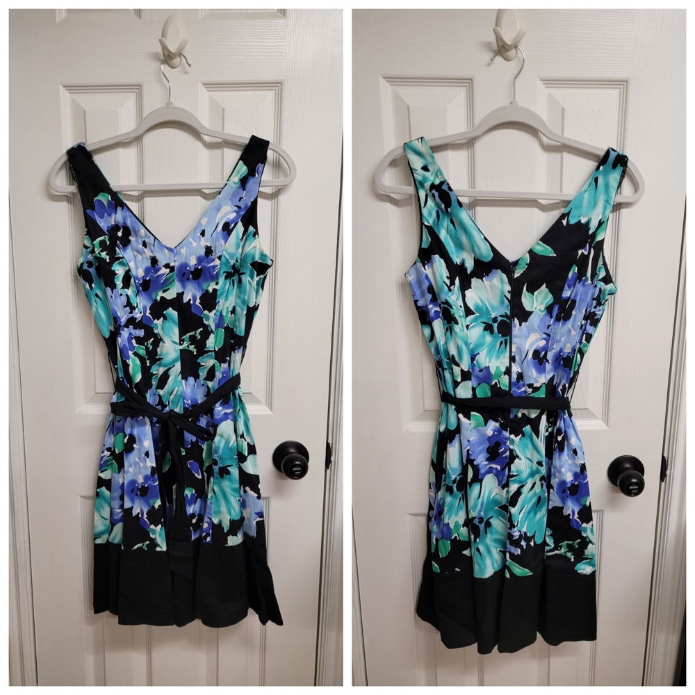 Floral V-Neck Dress - Blue and Black